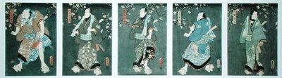 Vijf personages uit een toneelstuk van Toyokuni door Utagawa Kunisada