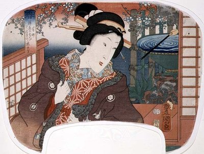 Lente, Yoshi-cho; Een geisha in een tuin, ontwerp voor een waaier uit een set van vier die de seizoenen illustreren door Utagawa Kunisada
