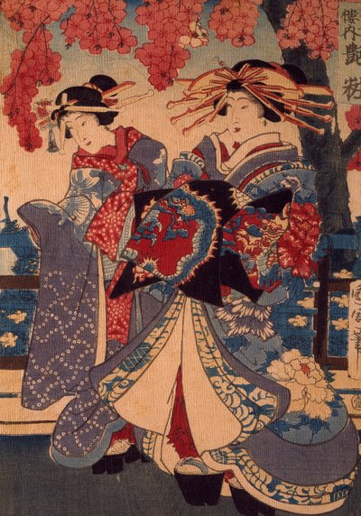 Twee vrouwen in een bloementuin, door Utagawa Kunisada, houtsnede, crepon techniek door Utagawa Kunisada