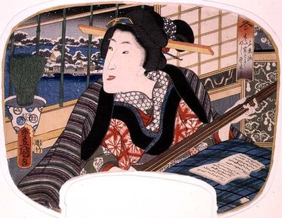 Winter, Shinobazu Vijver; Een geisha die een ballade oefent, ontwerp voor een waaier uit een set van vier die de seizoenen illustreren door Utagawa Kunisada