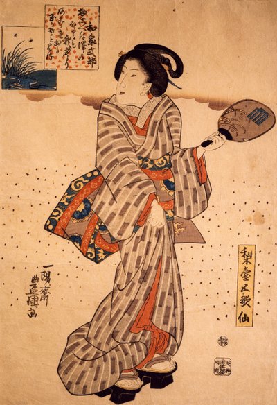 Vrouw met een stijve waaier, door Utagawa Kunisada, houtsnede door Utagawa Kunisada
