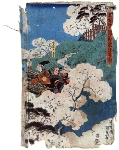 Yoshiie schrijft poëzie bij de barrière Nakoso, langs kersenbomen door Utagawa (1786 1865) Kunisada
