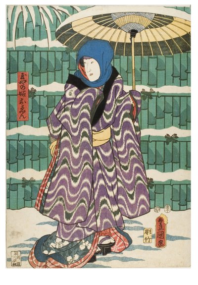 Jonge vrouw Oen van de Tamaya. Kabuki-acteur als vrouw met capuchon in sneeuwscène door Utagawa (1786-1865) Kunisada