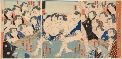 Sumogevecht tussen Wahigayama en Jimmaru door Utagawa Kunisada