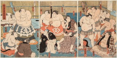 Gevecht van sumoworstelaars Shitaky Beya en Hidenoyama door Utagawa Kunisada