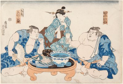 De sumoworstelaars Kuroiwa en Zogahana met een geisha door Utagawa Kunisada