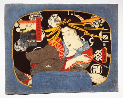 Courtisane met lange pijp, Hachiman tempel in inzet links door Utagawa Kunisada