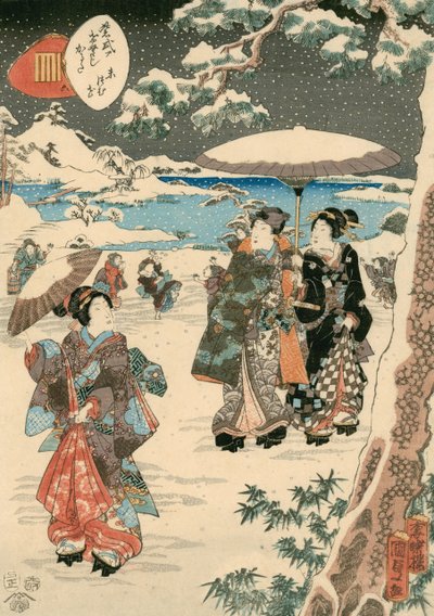 Figuren met parasols in de sneeuw (Een scène uit Het verhaal van Genji) door Utagawa (1786 1865) Kunisada