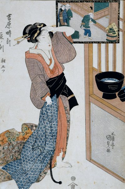 Uur van de tijger, zevende uur van de ochtend, ca. 1818, Ukiyo-e kunstprent door Utagawa Kunisada uit De twaalf uren in Yoshiwara (houtsnede) door Utagawa Kunisada