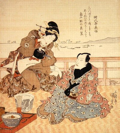 Onoe Kikugoro III drinkt thee in Shinagawa, c.1825 door Utagawa Kunisada