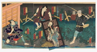 Seki Sanjūrō III als Naosuke Gonbei, Kataoka Nizaemon VIII als Tamiya Iemon en Bandō Hikosaburō V als zowel de Geest van Oiwa als de Geest van Kobotoke Kohei, en Bandō Hikosaburō V als Satō Yomoshichi door Utagawa (1786 1865) Kunisada