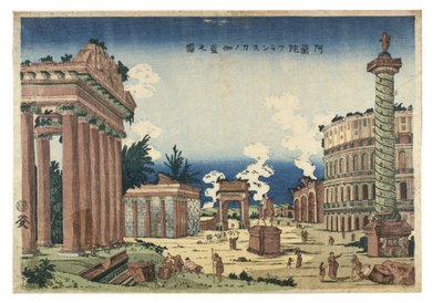 Gezicht op tempels in Rome en Frankrijk, ca. 1780-1828 (houtsnede op papier) door Utagawa (attr.to) Toyoharu
