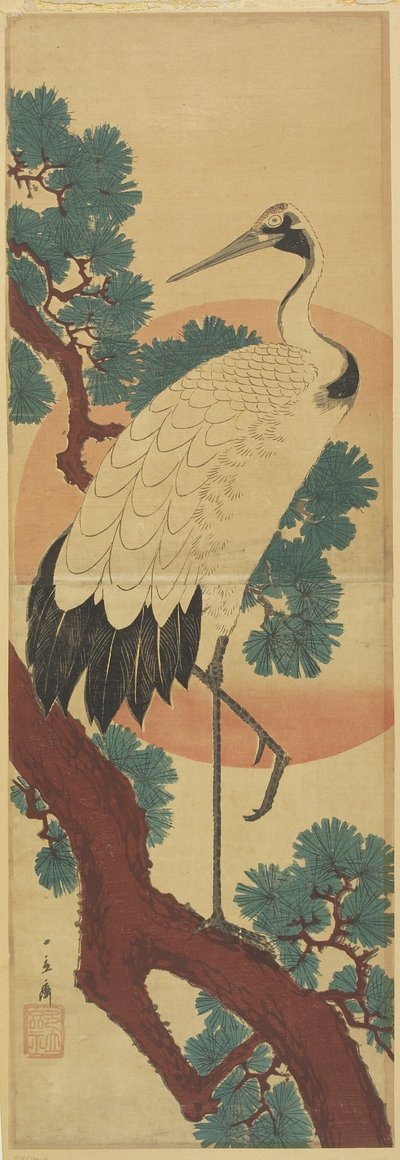 Kraanvogel op Dennentak door Utagawa Hiroshige