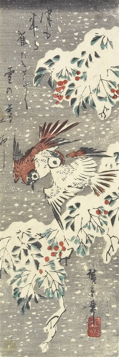 (Hemelse Bamboe en Mussen in de Sneeuw), 1830-1858 door Utagawa Hiroshige