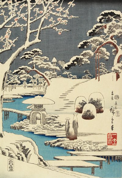 Met sneeuw bedekte tuin, december 1854 door Utagawa Hiroshige