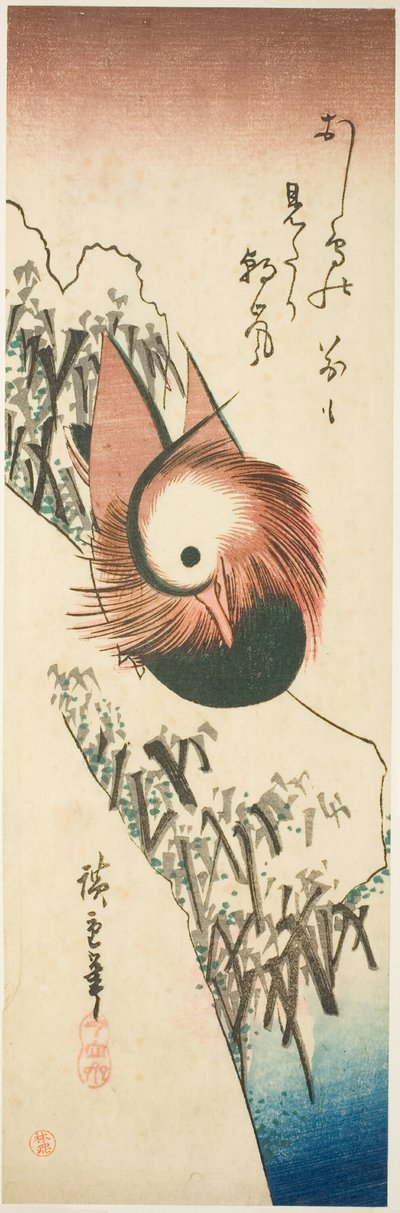 Een mandarijneend op een besneeuwde oever door Utagawa Hiroshige