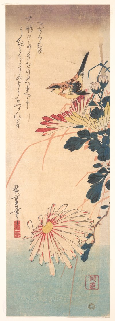 Ein Zaunkönig und Chrysanthemen door Utagawa Hiroshige