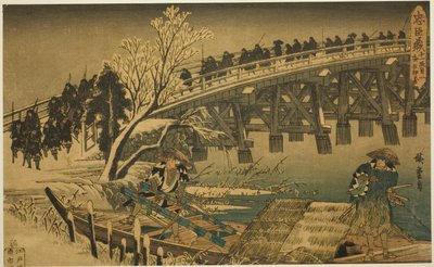 Acte 11, Deel 1: De nadering van de nachtelijke aanval (Juichidanme ichi, yochi oshiyose), uit de serie "De wraak van de loyale vazallen (Chushingura)" door Utagawa Hiroshige