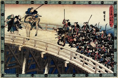 Acte 11 Scene 5 van Nachtelijke Aanval; Gevangen genomen op de Ryo_goku-brug, ca. 1838 door Utagawa Hiroshige