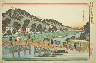 Akabane Brug in Shiba (Shiba Akabanebashi no zu), uit de serie "Beroemde Plaatsen in de Oostelijke Hoofdstad (Toto meisho)" door Utagawa Hiroshige