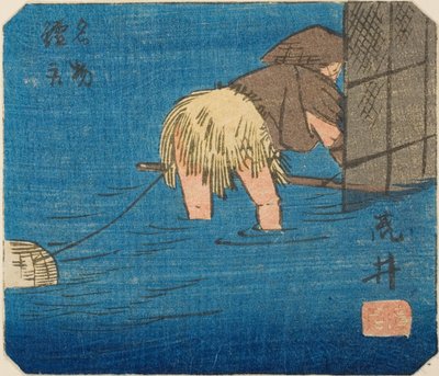 Arai, deel van blad nr. 8 uit de serie "Uitknipsels van de Drieënvijftig Stations (Gojusan tsugi harimaze)" door Utagawa Hiroshige