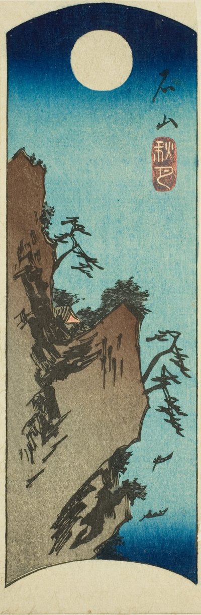 Herfstmaan bij Ishiyama (Ishiyama shugetsu), deel van een blad uit de serie "Acht gezichten van Omi (Omi hakkei)" door Utagawa Hiroshige