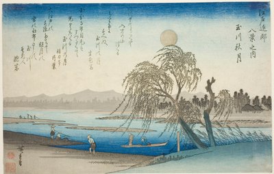Herfstmaan boven de Tama-rivier (Tamagawa no shugetsu), uit de serie "Acht uitzichten in de omgeving van Edo (Edo kinko hakkei no uchi)" door Utagawa Hiroshige