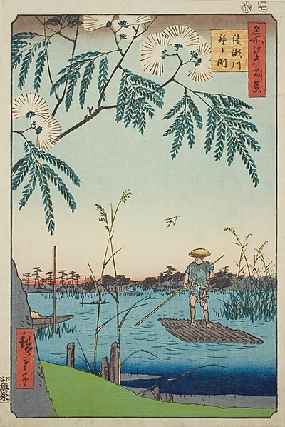 Ayase rivier en Kanegafuchi (Ayasegawa Kanegafuchi), nr.63 uit de serie "Honderd beroemde vergezichten van Edo (Meisho Edo hyakkei)". door Utagawa Hiroshige