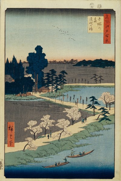 Azuma no mori Heiligdom en de Verstrengelde Kamfer, Honderd Beroemde Zichten van Edo door Utagawa Hiroshige