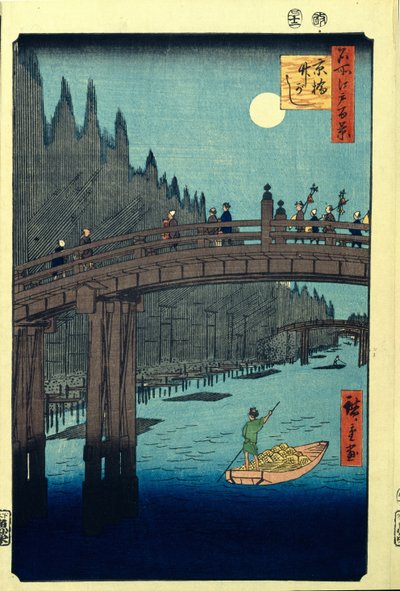 Bamboekade bij Kyobashi-brug. Honderd beroemde uitzichten van Edo door Utagawa Hiroshige