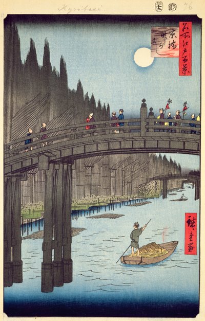 Bamboevelden, Kyobashi-brug, nr.76 uit Honderd uitzichten van Edo, Edo-periode, Ansei-tijdperk, gepubliceerd 1857 door Utagawa Hiroshige