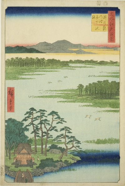 Benten Heiligdom en Inokashira Vijver (Inokashira no ike Benten no yashiro), uit de serie "Honderd Beroemde Zichten van Edo (Meisho Edo hyakkei)" door Utagawa Hiroshige