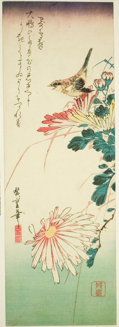 Vogel en chrysanten door Utagawa Hiroshige