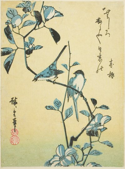Vogels op een camelliatak door Utagawa Hiroshige