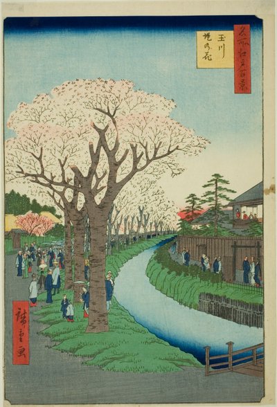 Bloesems op de Tama Rivieroever (Tamagawa-zutsumi no hana), uit de serie "Honderd Beroemde Zichten van Edo (Meisho Edo hyakkei)" door Utagawa Hiroshige