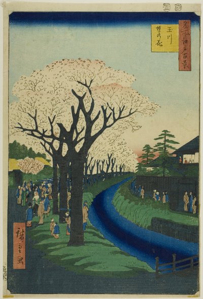 Bloesems op de oever van de Tama-rivier (Tamagawa-zutsumi no hana), uit de serie "Honderd beroemde vergezichten van Edo (Meisho Edo hyakkei)". door Utagawa Hiroshige