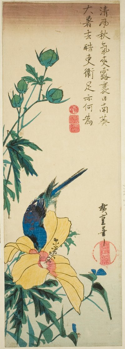 Blauwe vogel en hibiscus door Utagawa Hiroshige
