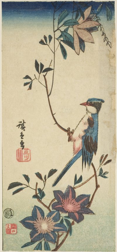 Blauwe Vogel op Clematis door Utagawa Hiroshige