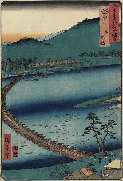Bootbrug in Toyama, Etchu_ Provincie, september 1853 door Utagawa Hiroshige