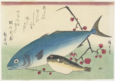 Bonito, Kogelvis en een Takje Bloeiende Pruim, ca. 1840 door Utagawa Hiroshige