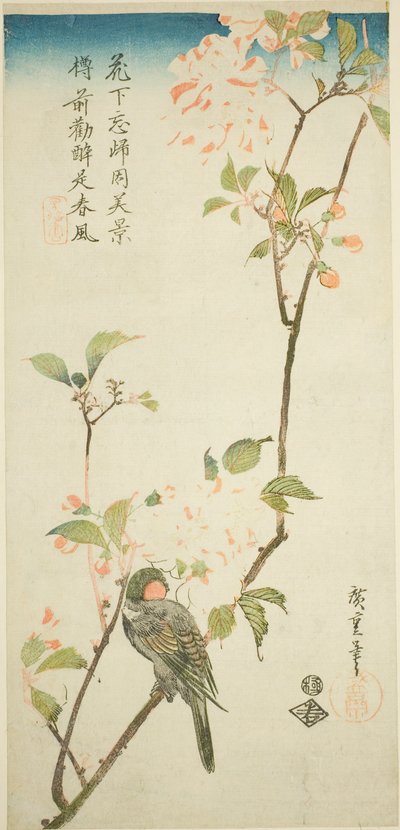 Goudvink op aroniatak door Utagawa Hiroshige