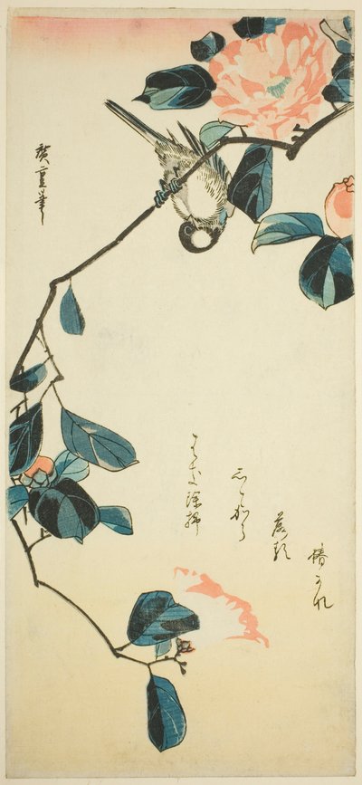 Goudvink op cameliatak door Utagawa Hiroshige