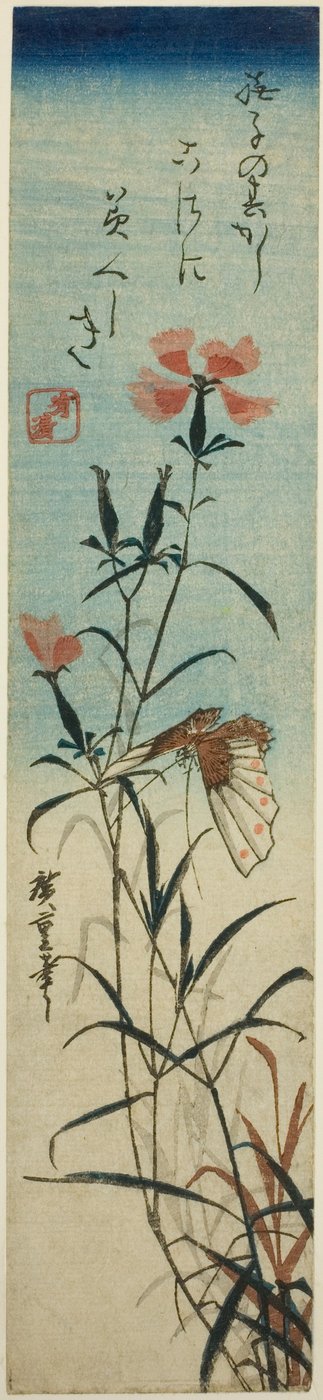 Vlinder en anjers door Utagawa Hiroshige