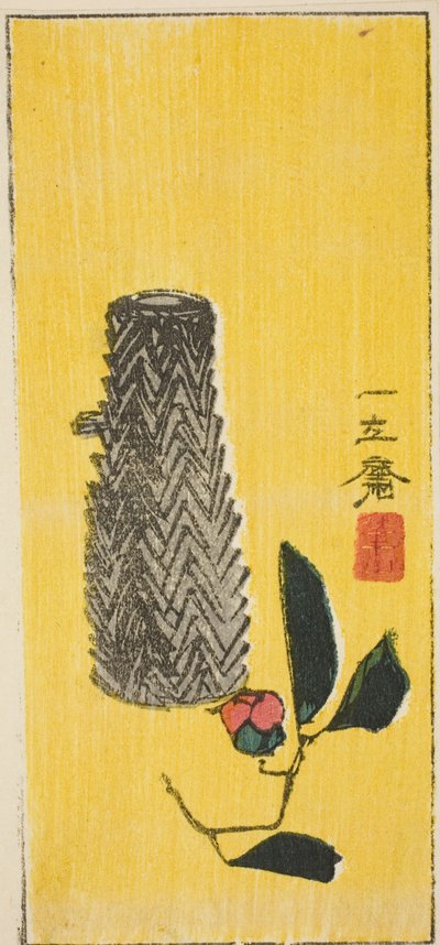 Camellia en mand, sectie van een ongetiteld harimaze-blad door Utagawa Hiroshige