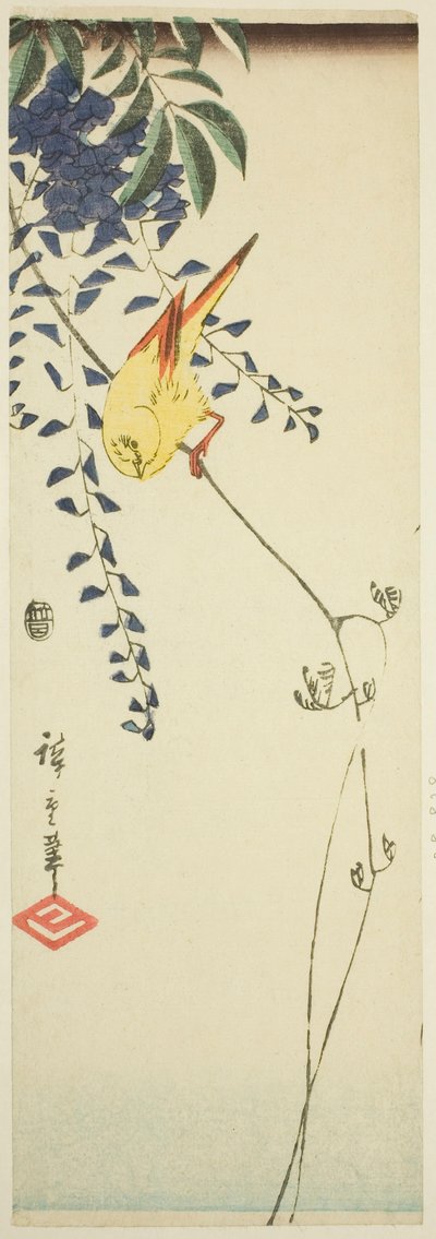 Kanarie en blauwe regen door Utagawa Hiroshige