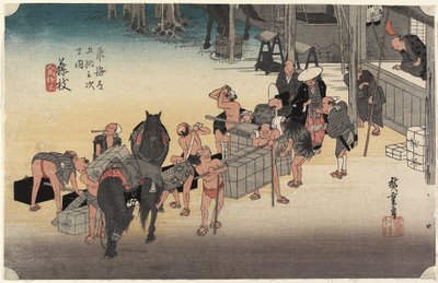 Veranderende Dragers en Paarden, Fujieda door Utagawa Hiroshige