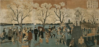 Kersenbloesems in volle bloei langs de Sumida-rivier door Utagawa Hiroshige