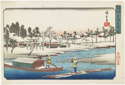 Helder weer na sneeuw in Masaki, 1832-1839 door Utagawa Hiroshige