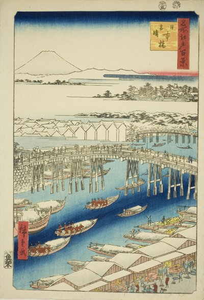 Helder weer na sneeuw bij Nihon-brug (Nihonbashi yukibare), uit de serie "Honderd beroemde uitzichten van Edo (Meisho Edo hyakkei)" door Utagawa Hiroshige