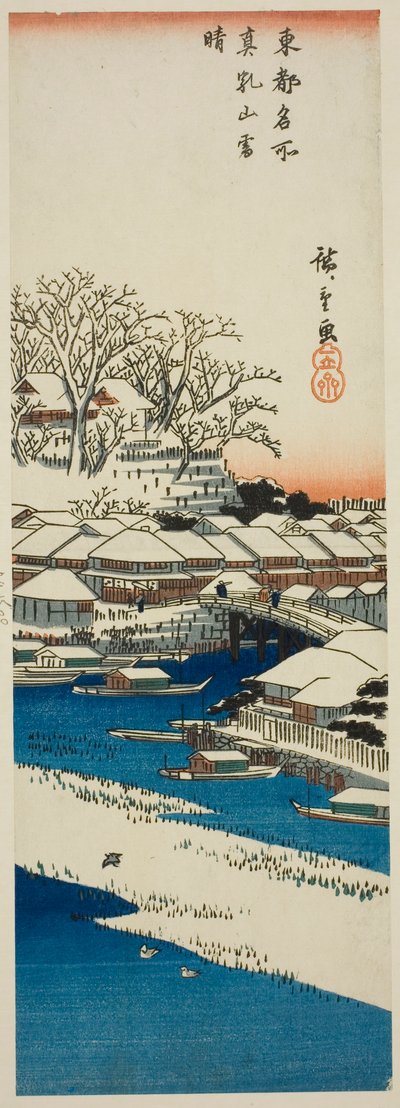 Helder Weer na Sneeuw op de Matsuchi Heuvel (Matsuchiyama no yukibare), uit de serie "Beroemde Zichten van de Oostelijke Hoofdstad (Toto meisho)" door Utagawa Hiroshige